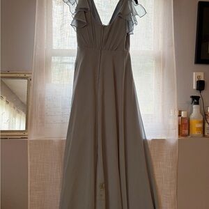 Elegant dusty blue Ruffle-Shoulder Maxi Dress